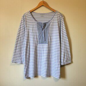 Talbots Cotton Modal Blue & White Striped Long Sleeve Lace Up Top XL